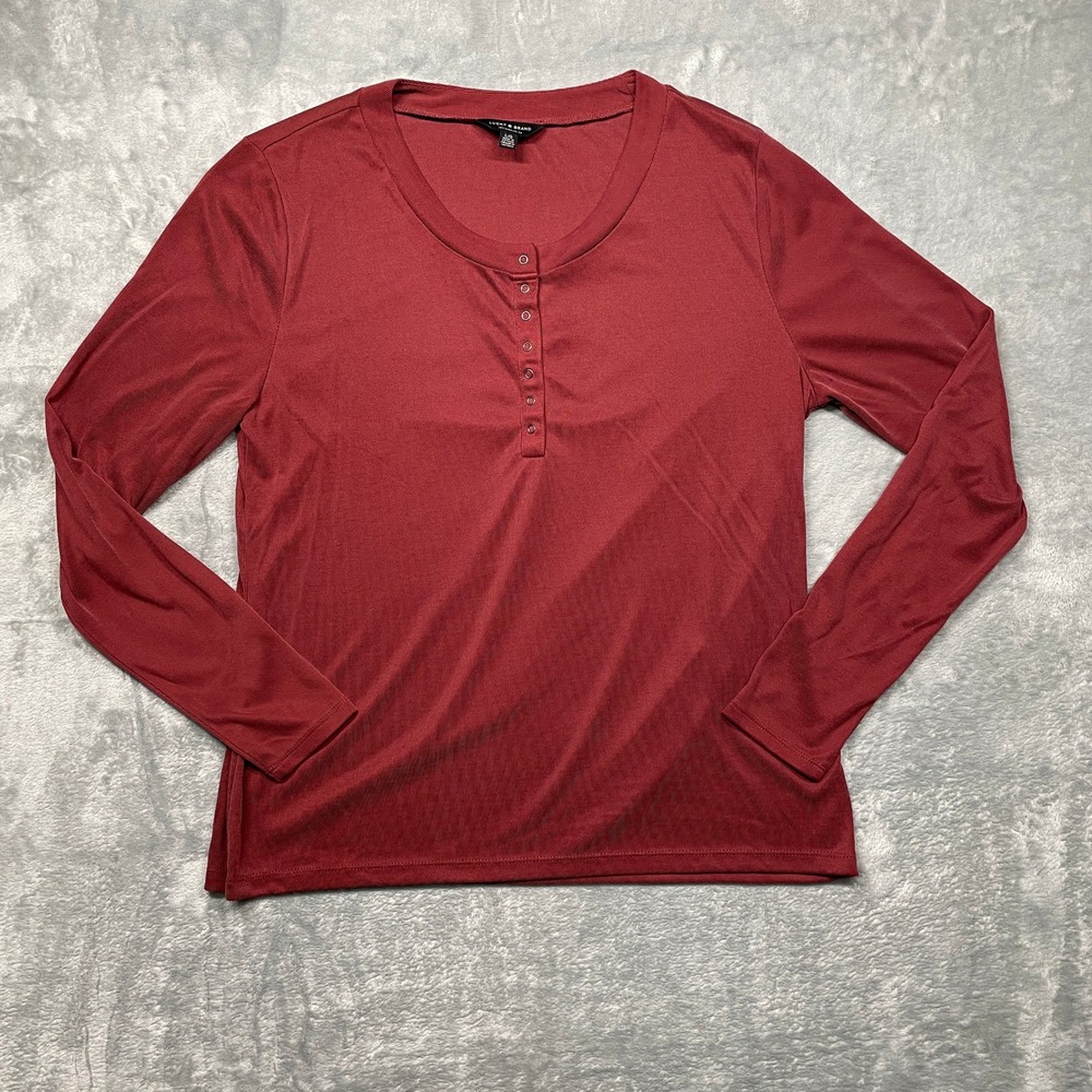 Lucky Brand Henley Top Womens Large Burgundy Red Ribbed Long Sleeve Button Front